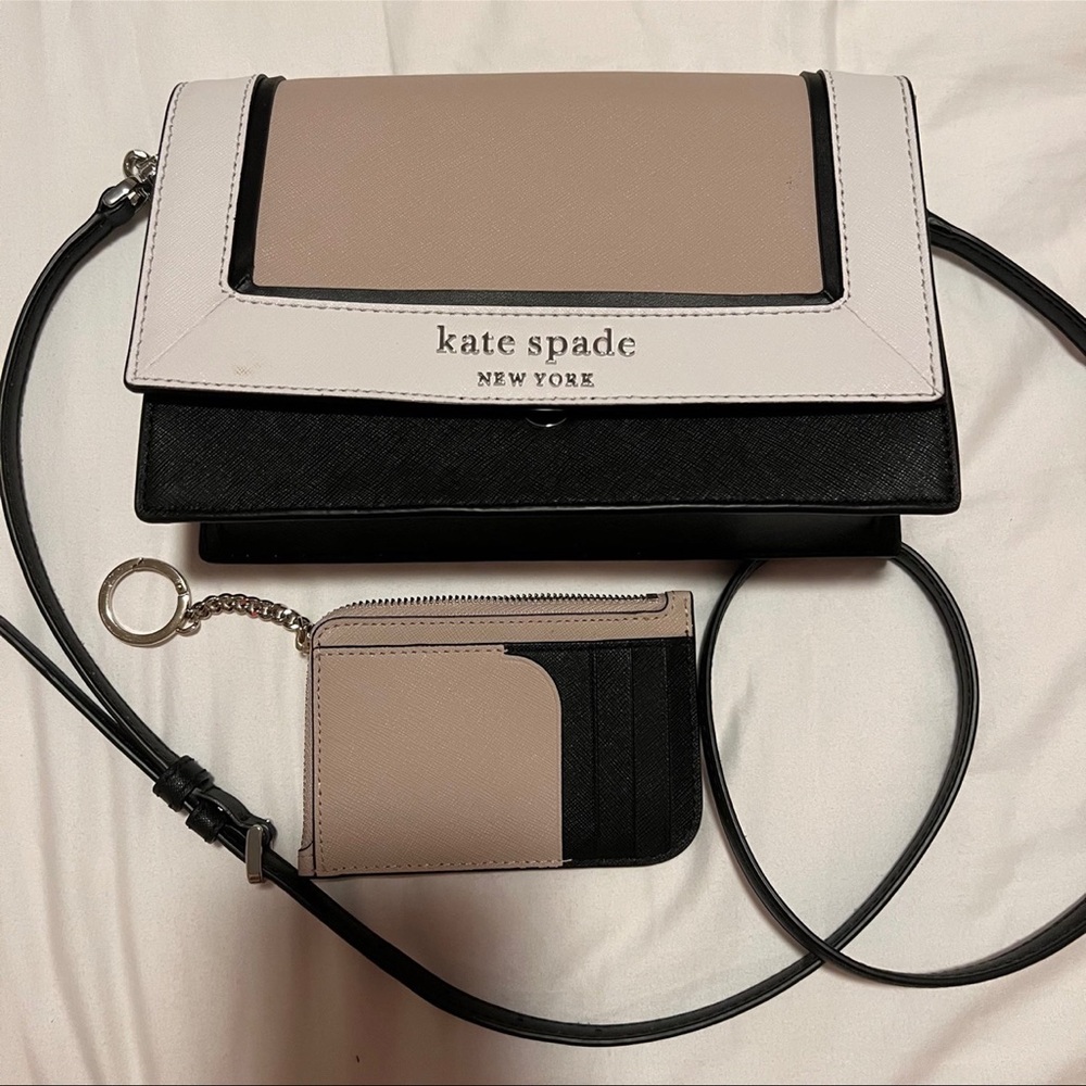 Kate Spade Cameron Crossbody Bag in White/Black/Beige + Matching Id Wallet